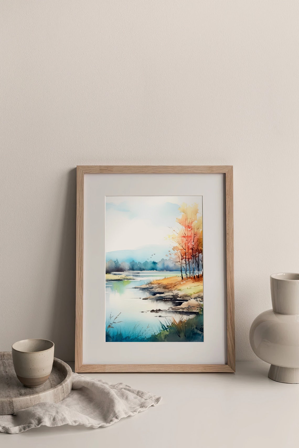 Stunning Autumn Vermont Lake Birch Trees Tranquil Watercolor Poster - Image 3