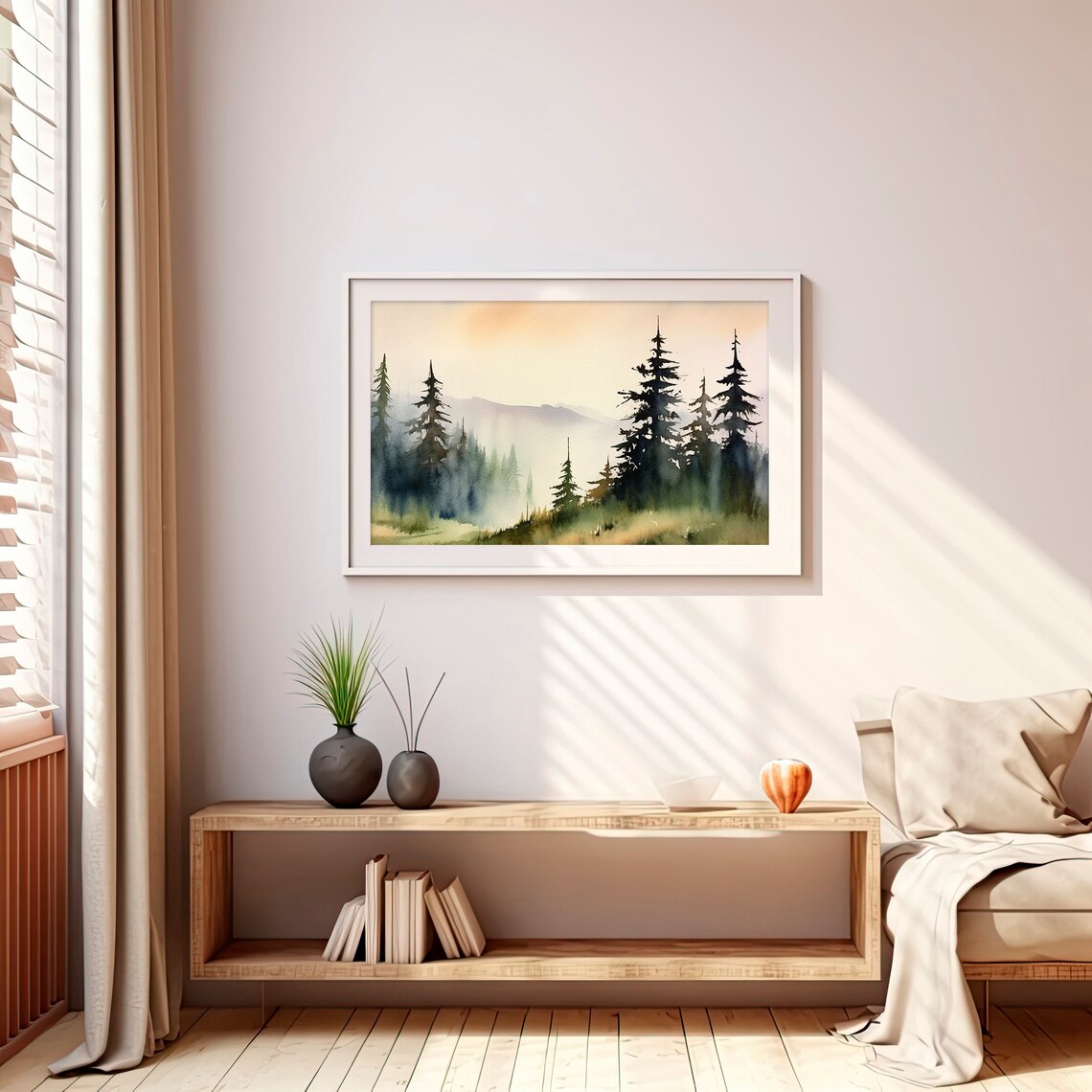 Misty Pine Forest Watercolor Foggy Evergreens Morning Landscape Print - Image 2