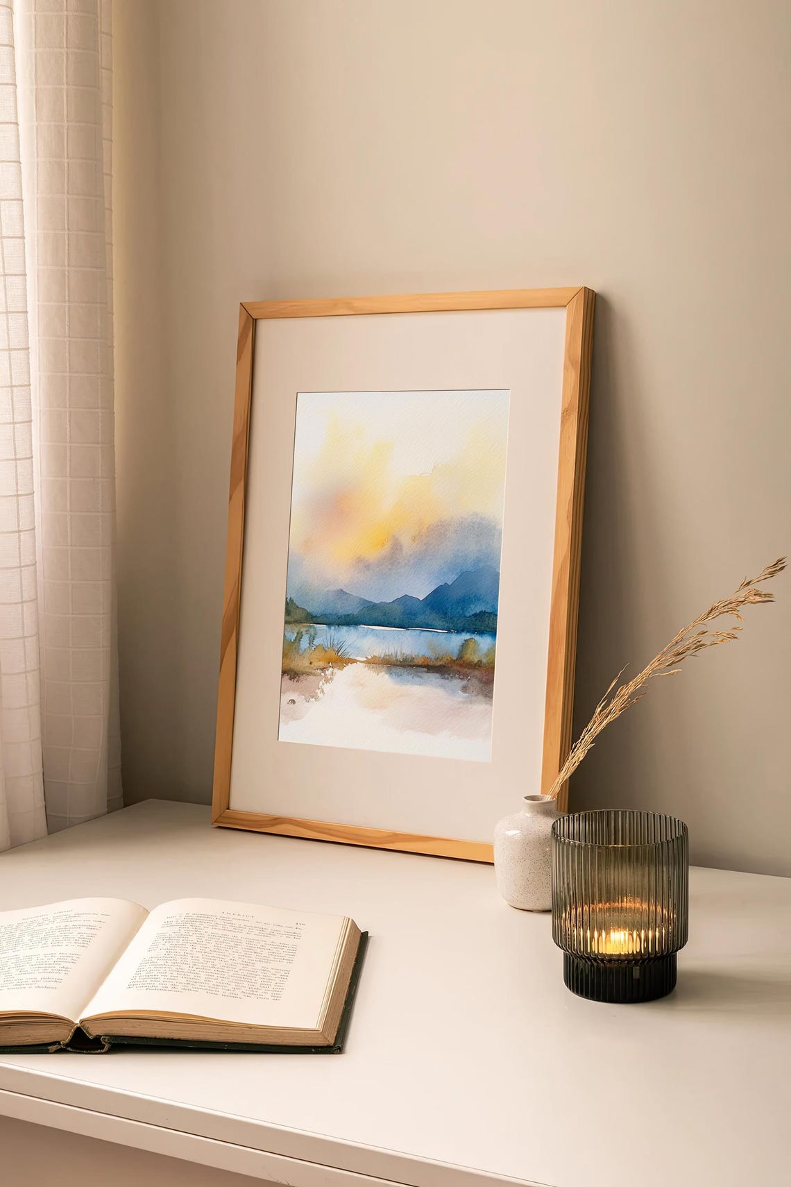 Scottish Highlands Misty Lake Calm Water Reflections Watercolor Poster - Image 2