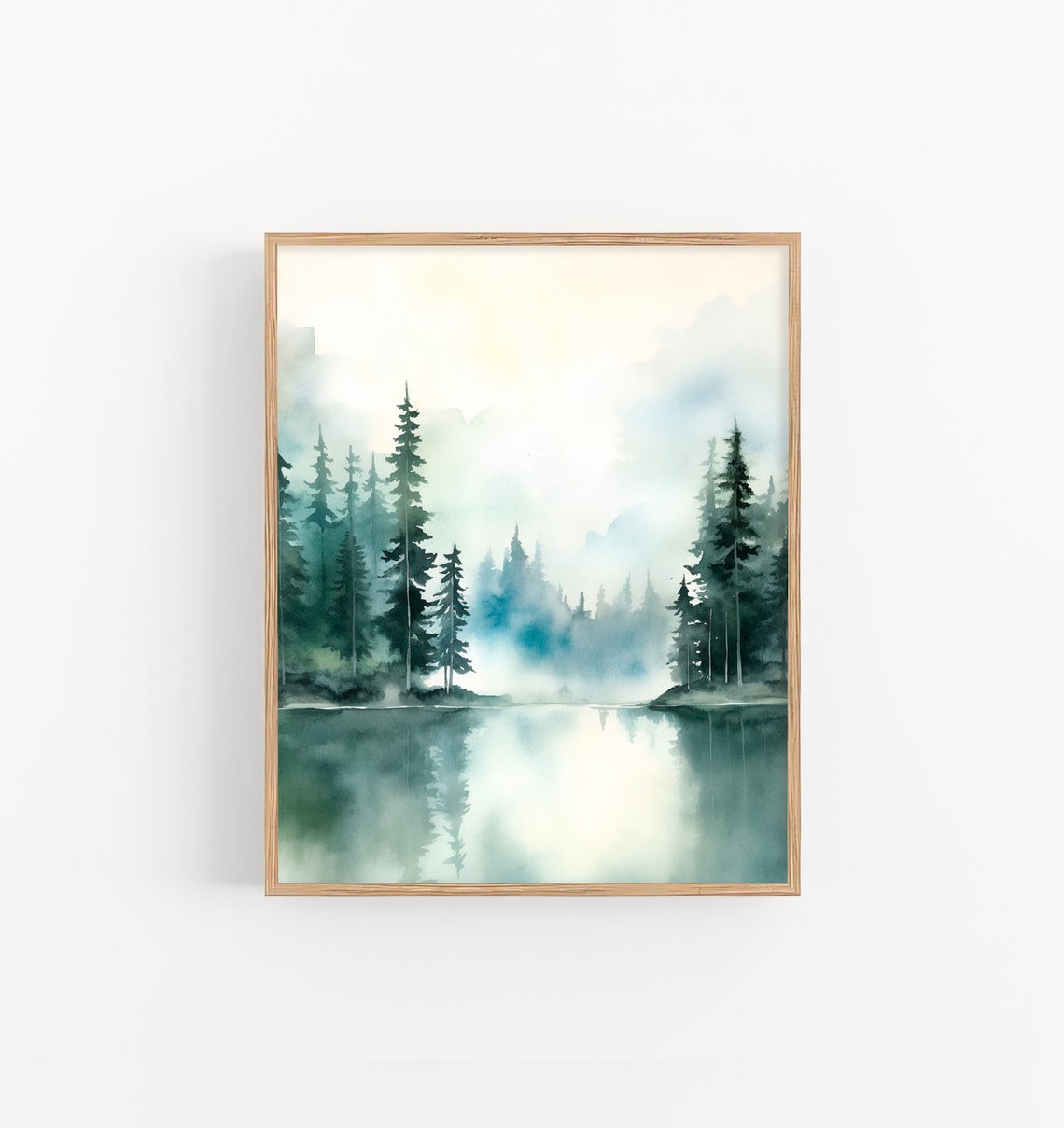Crater Lake Misty Forest Lake Reflection Watercolor Oregon Poster
