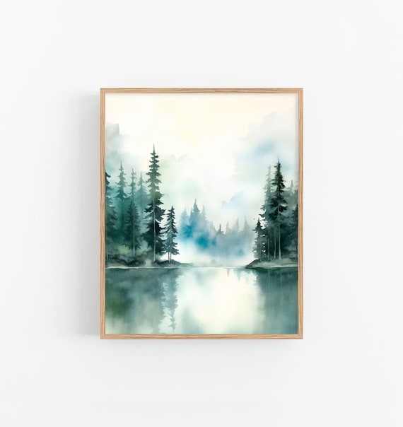Crater Lake Painting Foggy Forest Watercolor Art Print Oregon Landscape Neutral Green Gray Art Poster By Feelingprints