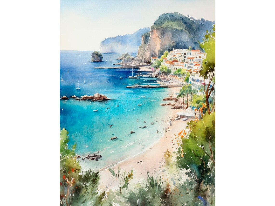 Capri Island Watercolor Travel Poster, Italy