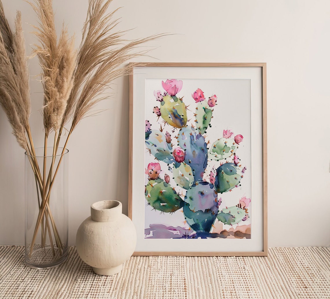 Prickly Pear Cactus Pink Blooms Watercolor Botanical Scene Poster - Image 5