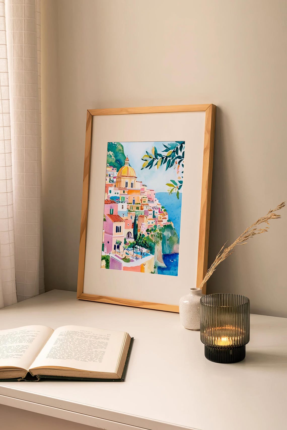 Positano Amalfi Coast Cityscape Golden Dome Watercolor Seaside Print - Image 2