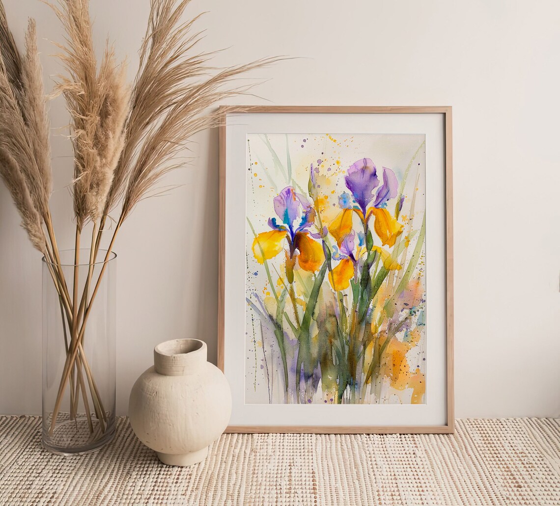 Purple Yellow Iris Flowers Watercolor Botanical Floral Wall Art - Image 3