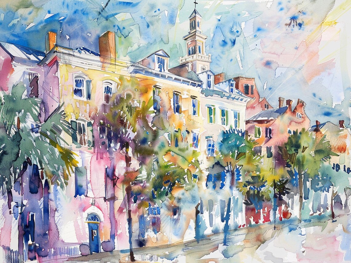 Charleston South Carolina Historic Street Watercolor Travel Poster