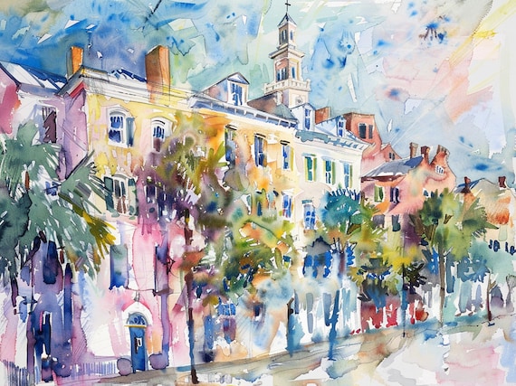 Charleston Cityscape Watercolor Painting South Carolina Art Print Palm Tree Wall Art Home Decor Gifts By Feelingprints