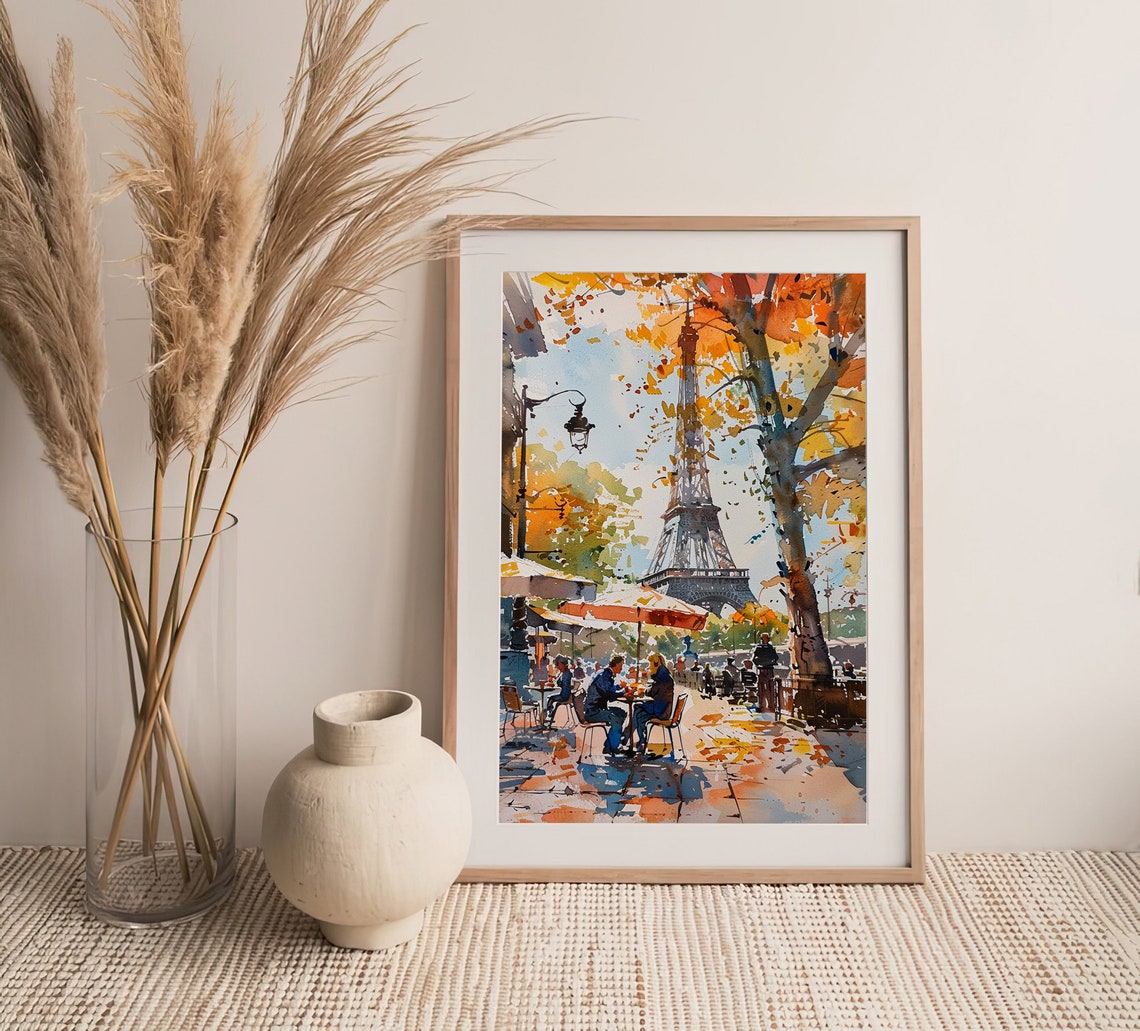 Paris Cafe Eiffel Tower Autumn Street Scene Watercolor Wall Art - Image 3