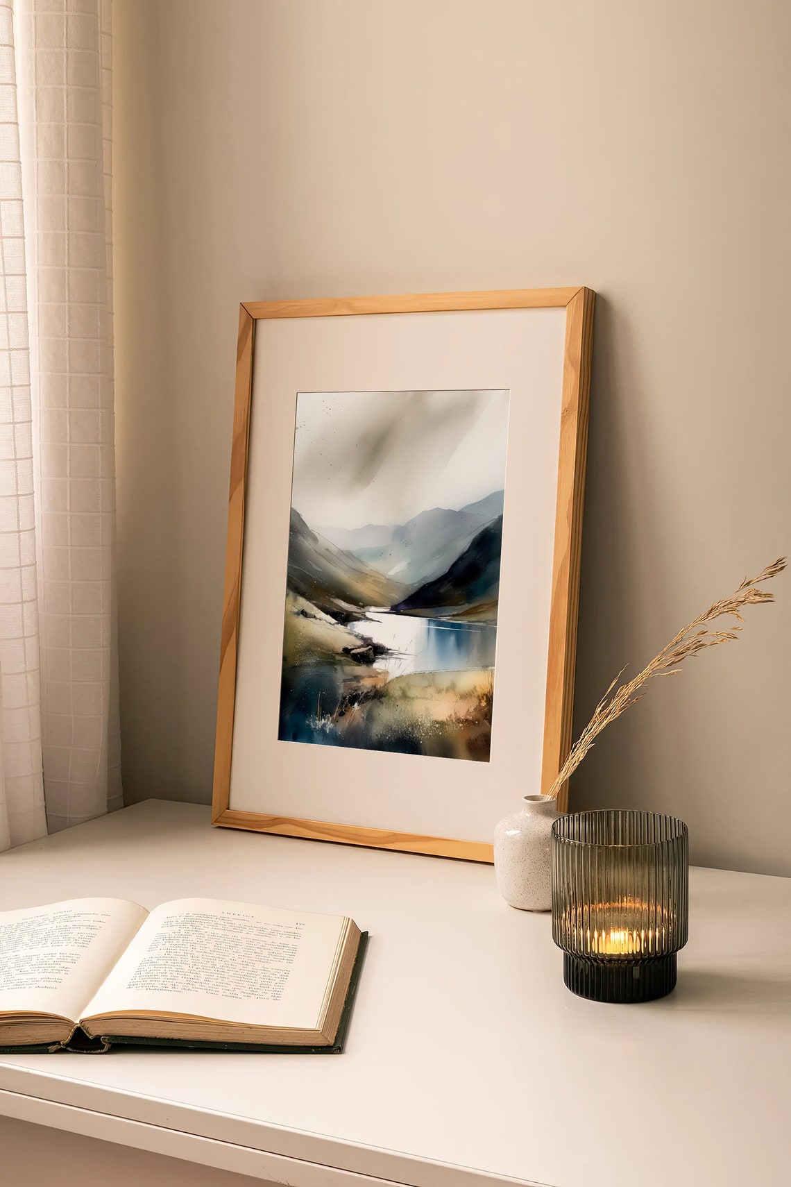 Lake District Watercolor Misty Mountain Lake Neutral Landscape Poster - Image 3