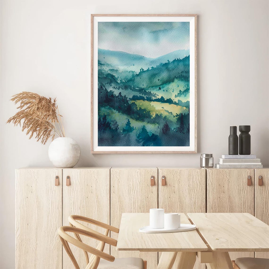 Misty Teal Mountain Valley Watercolor Rocky Peaks Landscape Poster - Image 5