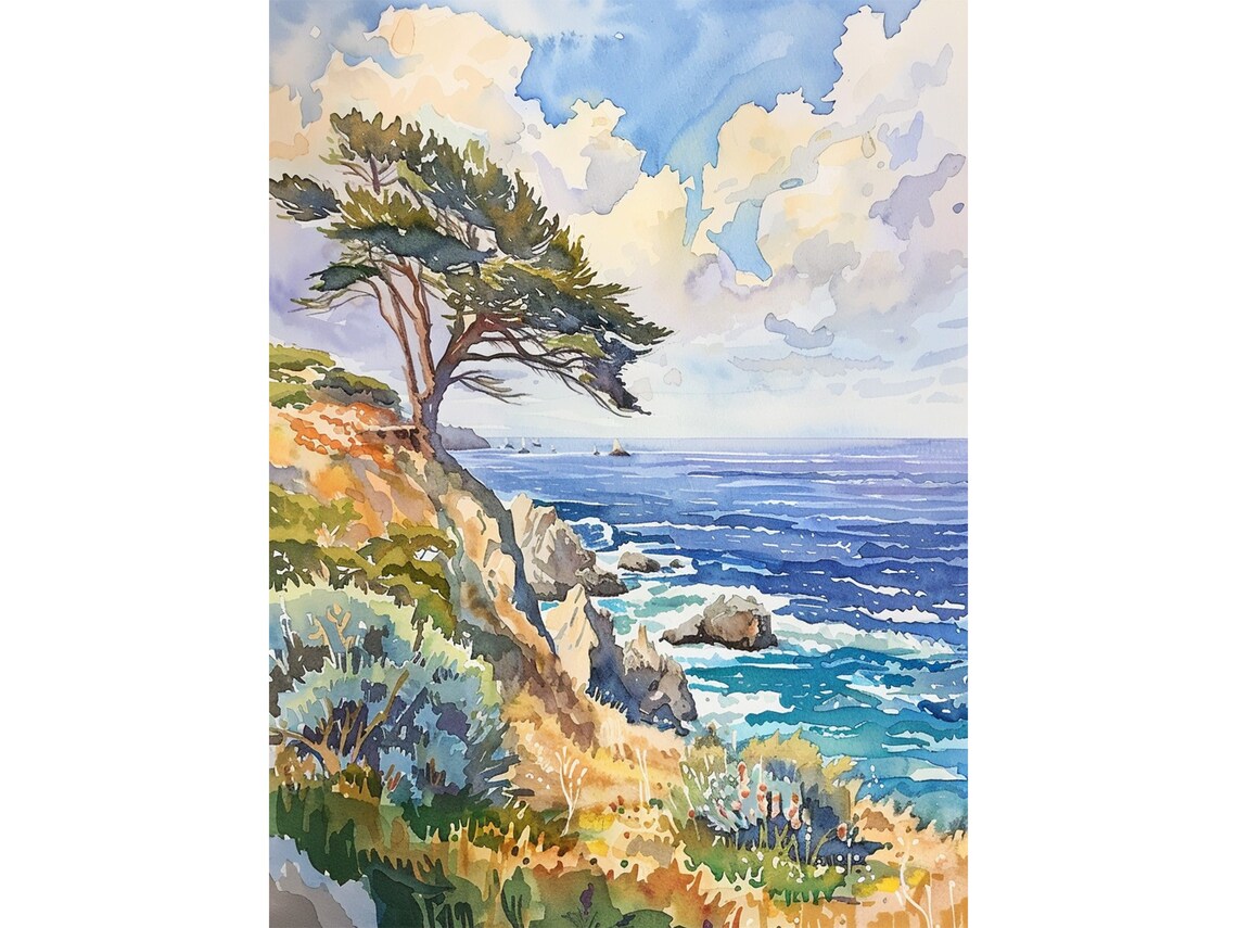 Monterey Bay Watercolor Art Print, California Coastline