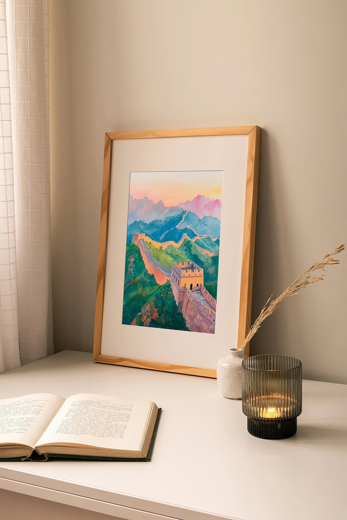 Great Wall Of China Watercolor Mountains Sunset Landscape Art Print - Image 2