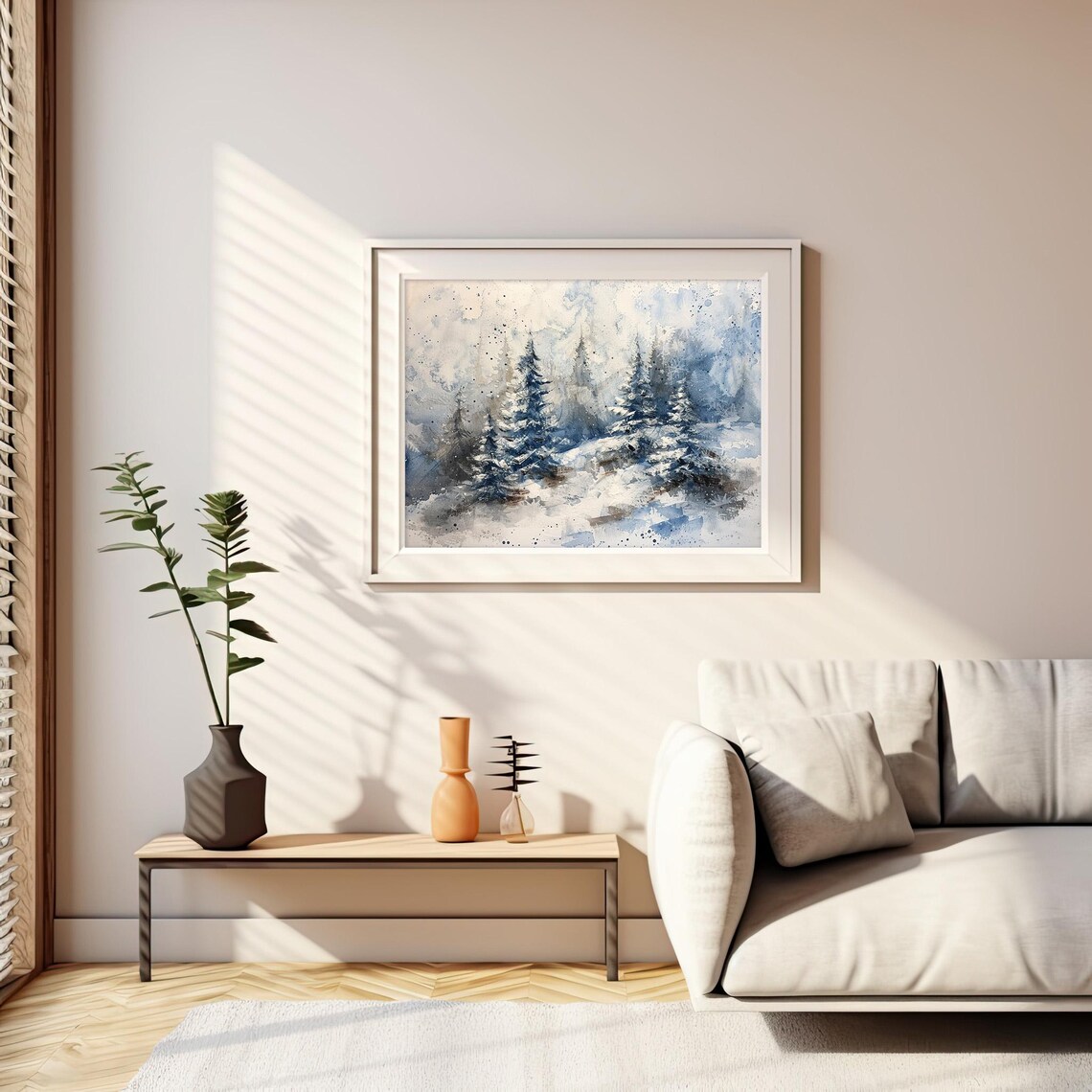 Stunning Snowy Blue Pine Forest Winter Wonderland Watercolor Poster - Image 3