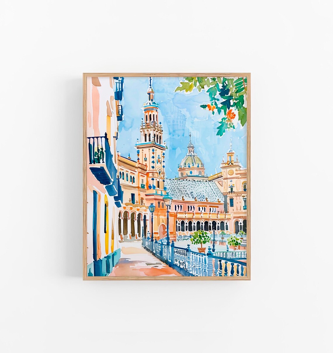 Seville Spain Plaza Watercolor Historic Towers Colorful Travel Print