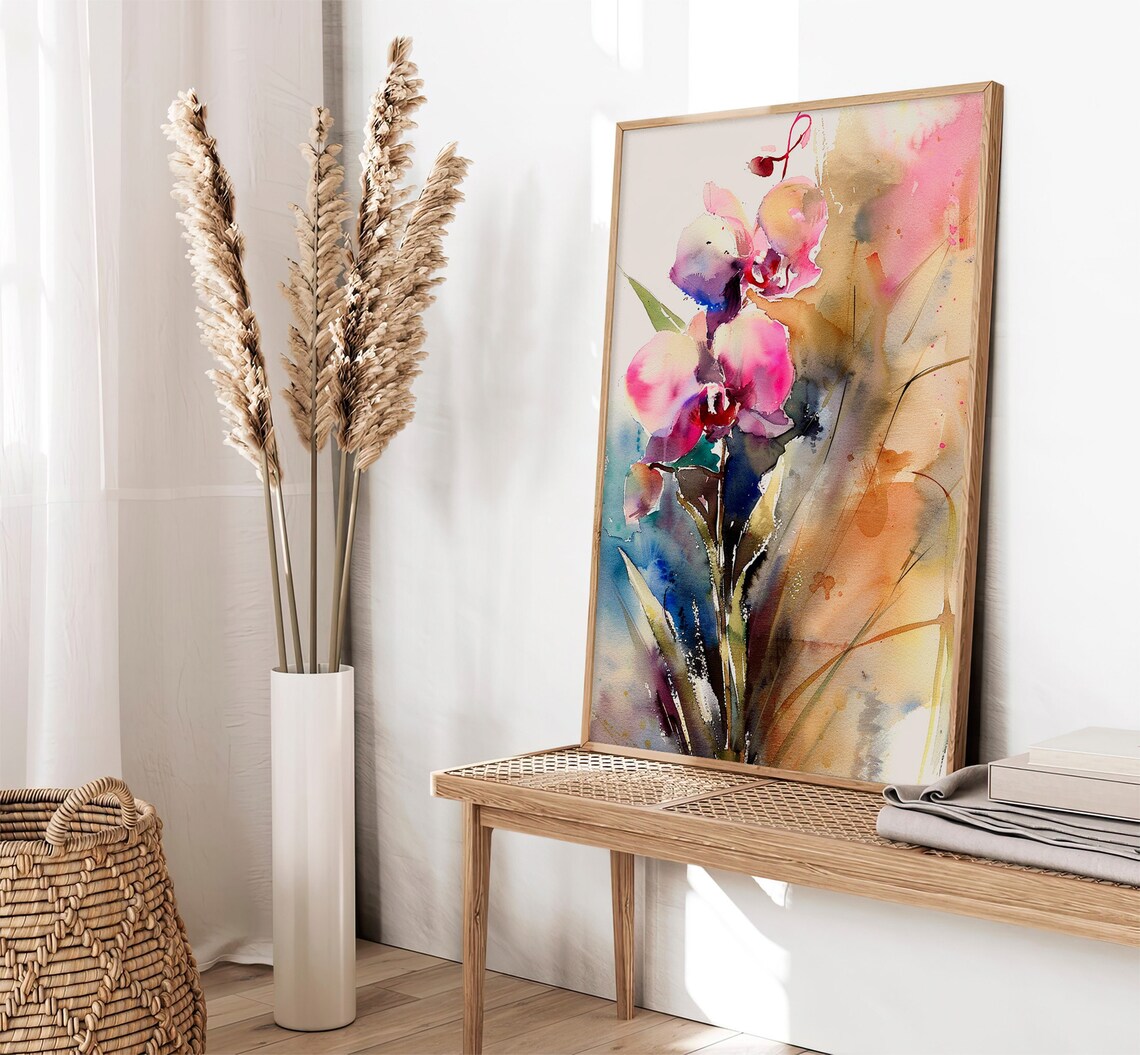 Pink Orchid Blossom Loose Japanese Style Floral Watercolor Art Poster - Image 2