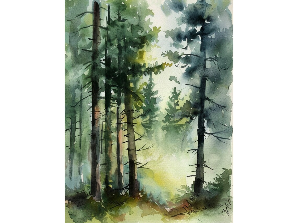 Rocky Mountains Misty Pine Forest Watercolor Poster