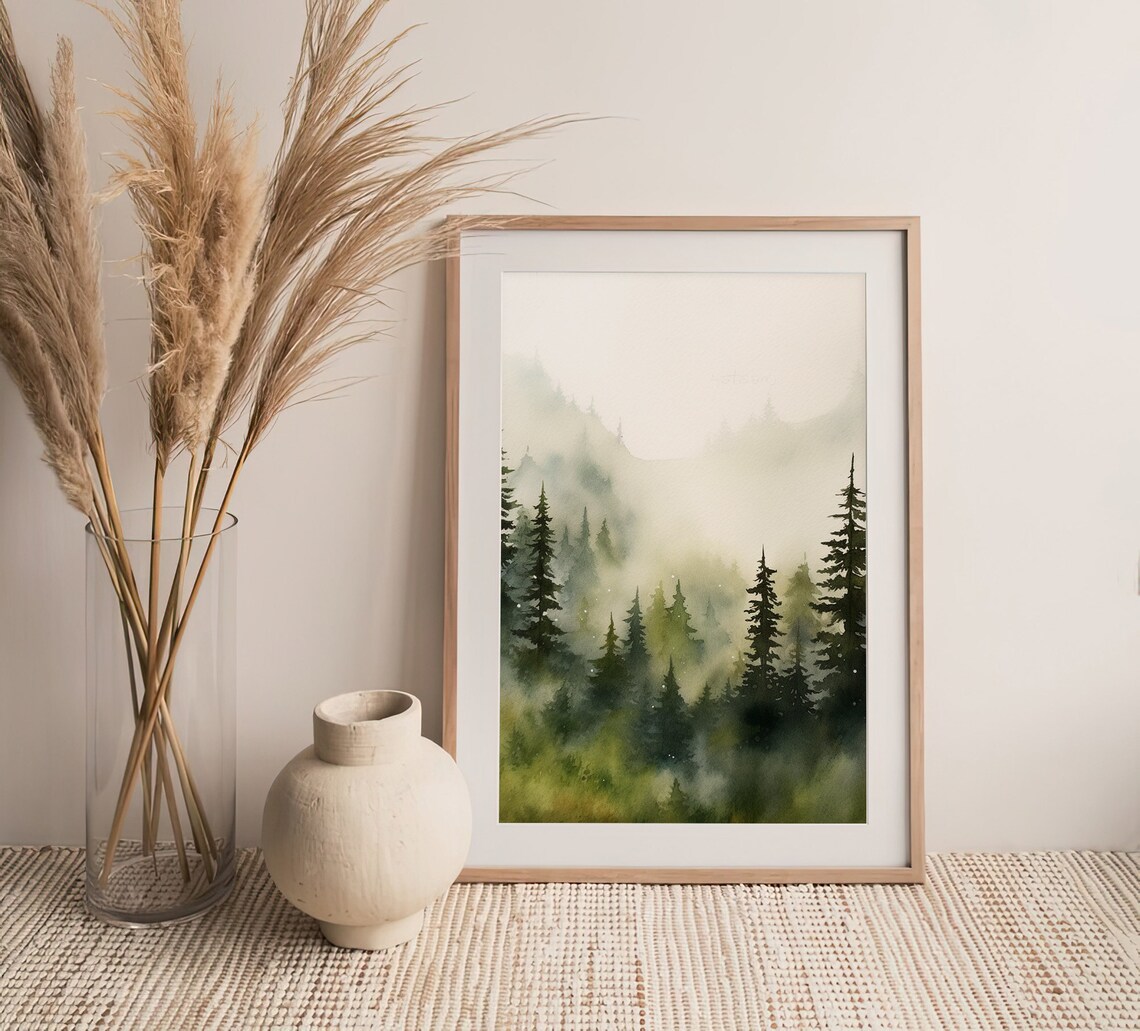 Misty Pine Forest Foggy Oregon Woodland Watercolor Painting Poster - Image 4
