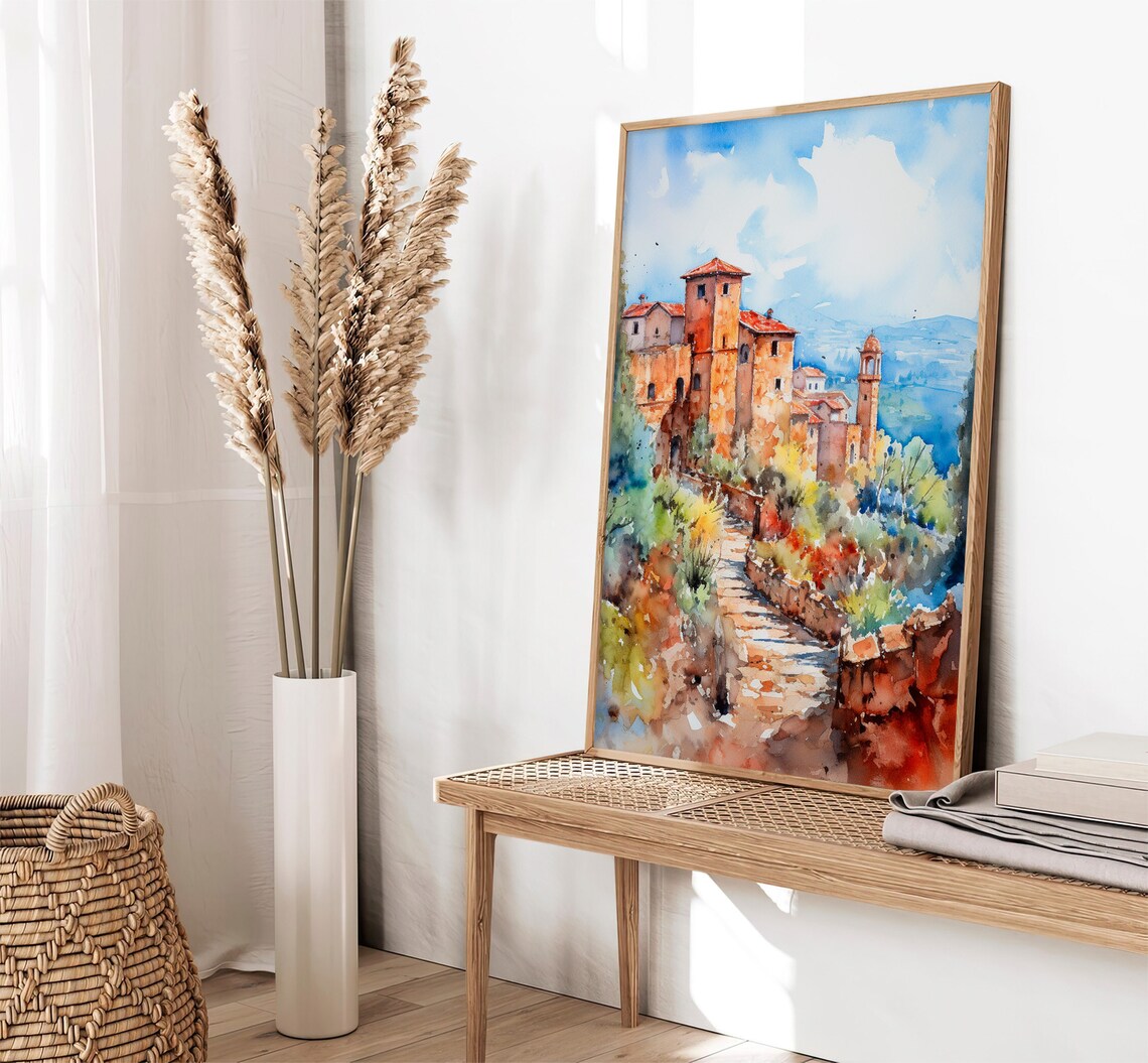 Italy Houses Watercolor Art Print, Tuscany Landscape - Image 2