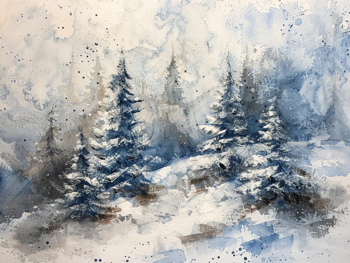Stunning Snowy Blue Pine Forest Winter Wonderland Watercolor Poster