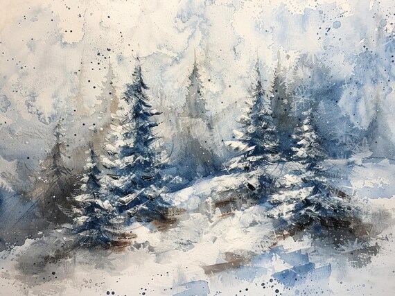 Stunning Snowy Blue Pine Forest Winter Wonderland Watercolor Poster