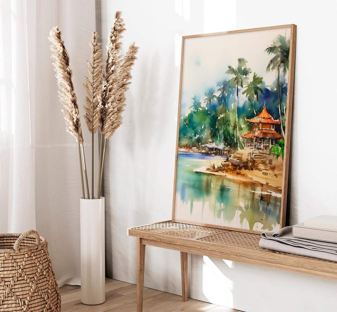 Bali Temple Pavilion Palm Beach Tropical Island Watercolor Poster - Image 2