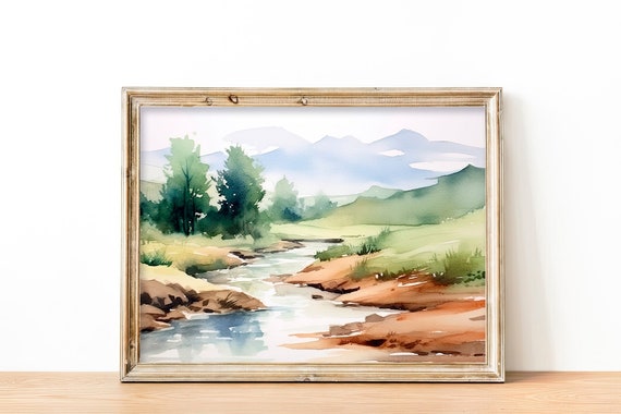 Idaho Landscape Watercolor Art Print Mountain River Painting Misty Forest Painting By Feelingprints