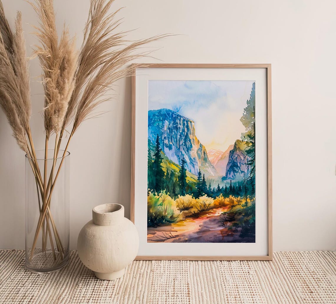 Yosemite Valley Sunrise Granite Cliffs Meadow Watercolor Poster Nature - Image 4