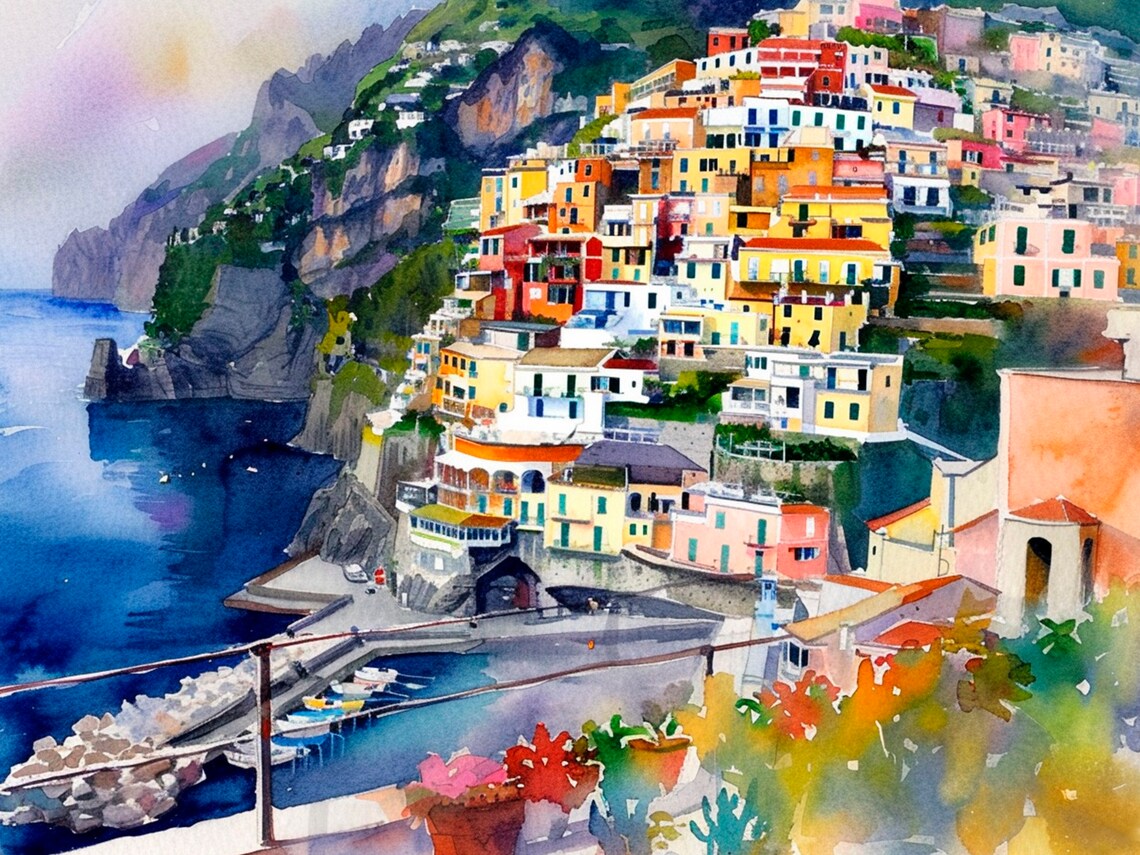 Cinque Terre Watercolor Travel Poster, Amalfi Coast