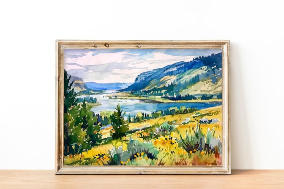 Columbia Landscape Watercolor Art Print Columbia Gorge River Landscape Watercolor Painting Hood River Wall Art Print By Feelingprints