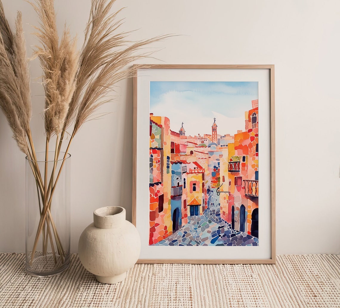 Barcelona Old Town Mosaic Street Sunny Watercolor Spain Poster - Image 4
