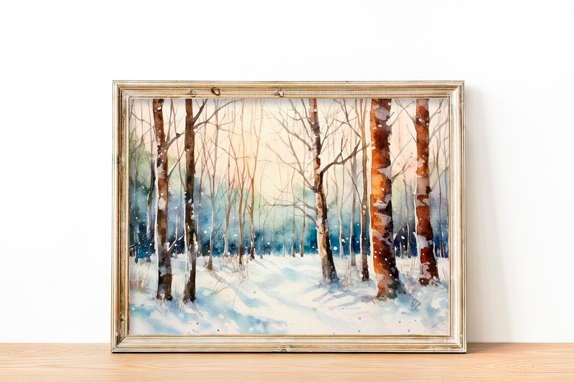 Snow Forest Painting Winter Scene Watercolor Art Print