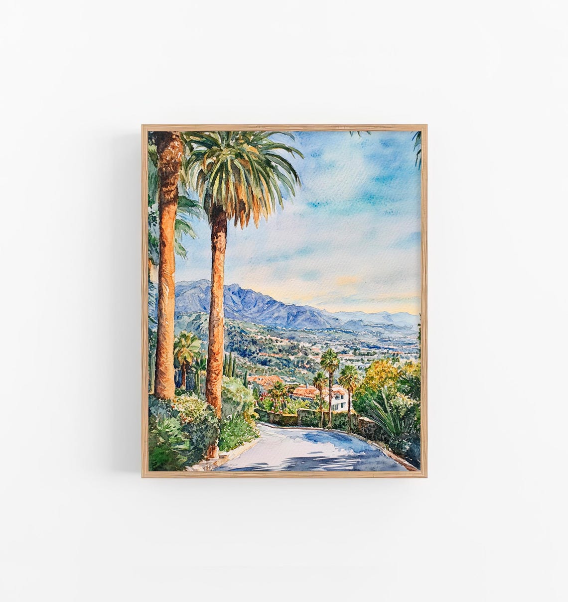 Santa Barbara Palm Trees Coastal Overlook Watercolor Art Poster