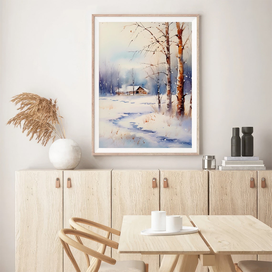 North Dakota Winter Watercolor Snowy Cabin Birch Trees Scene Poster - Image 5