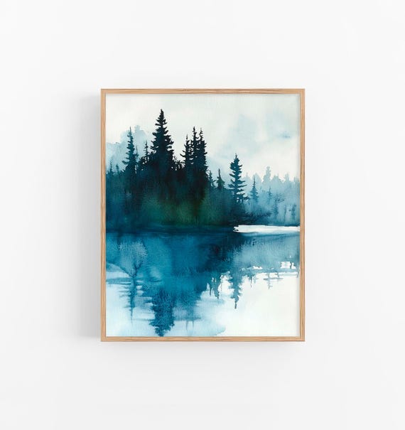 Tahoe Lake Watercolor Painting Pine Trees Watercolor Art Print Travel Gifts By Feelingprints