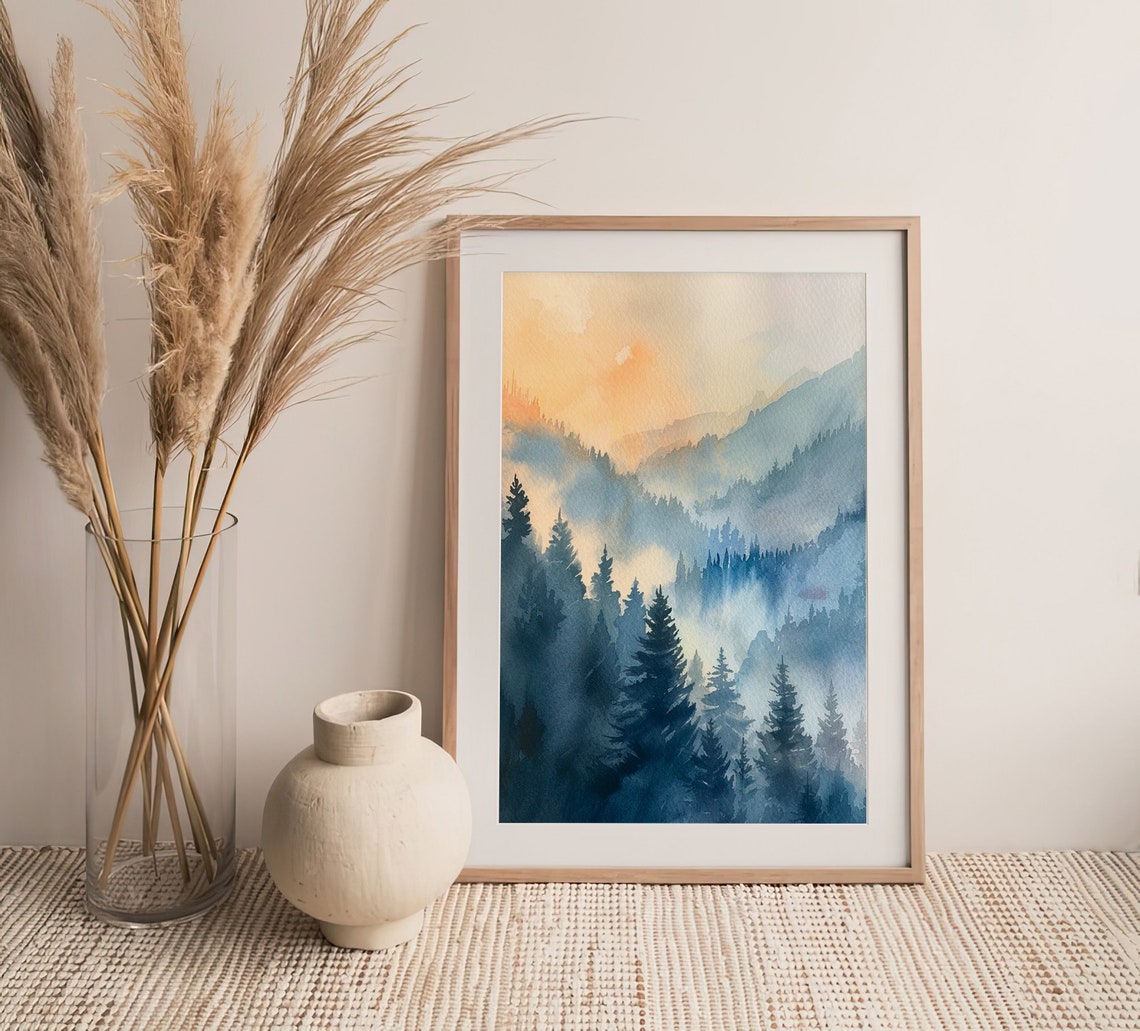 Smoky Mountains Misty Forest Sunrise Watercolor Landscape Poster - Image 4