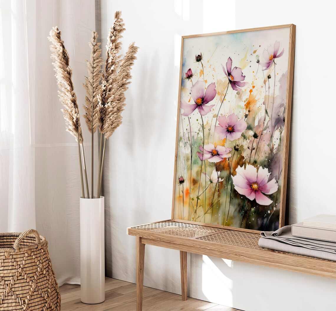 Pink Cosmos Wildflowers Meadow Watercolor Floral Scene Poster - Image 2