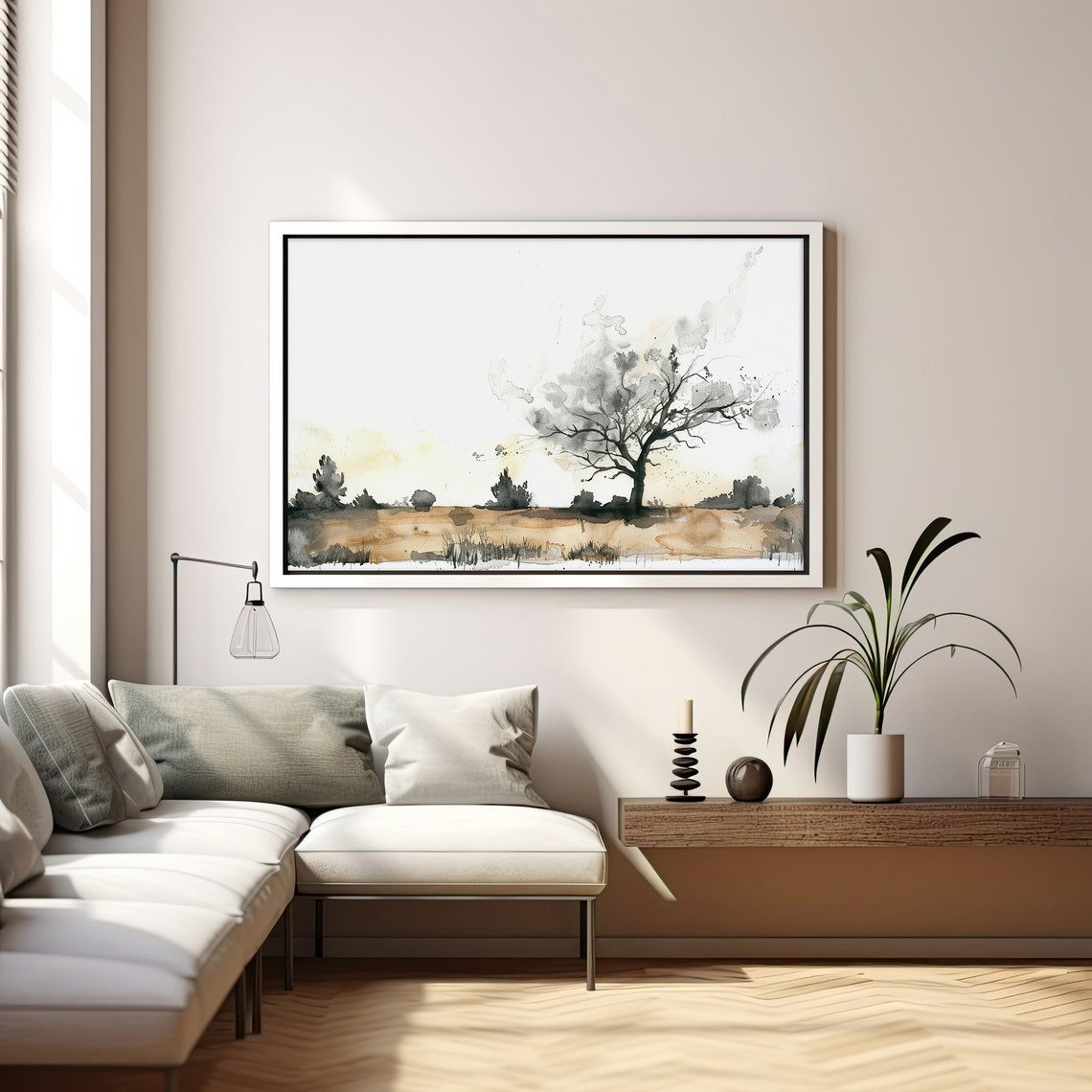 Lone Tree Field Minimalist Watercolor Ink Wash Landscape Poster - Image 5