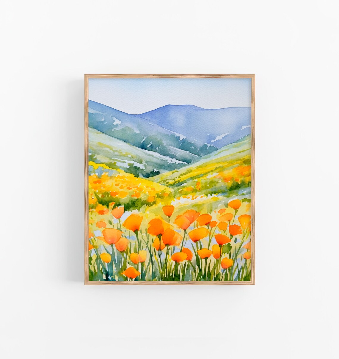 California Poppies Watercolor Art Print, Landscape