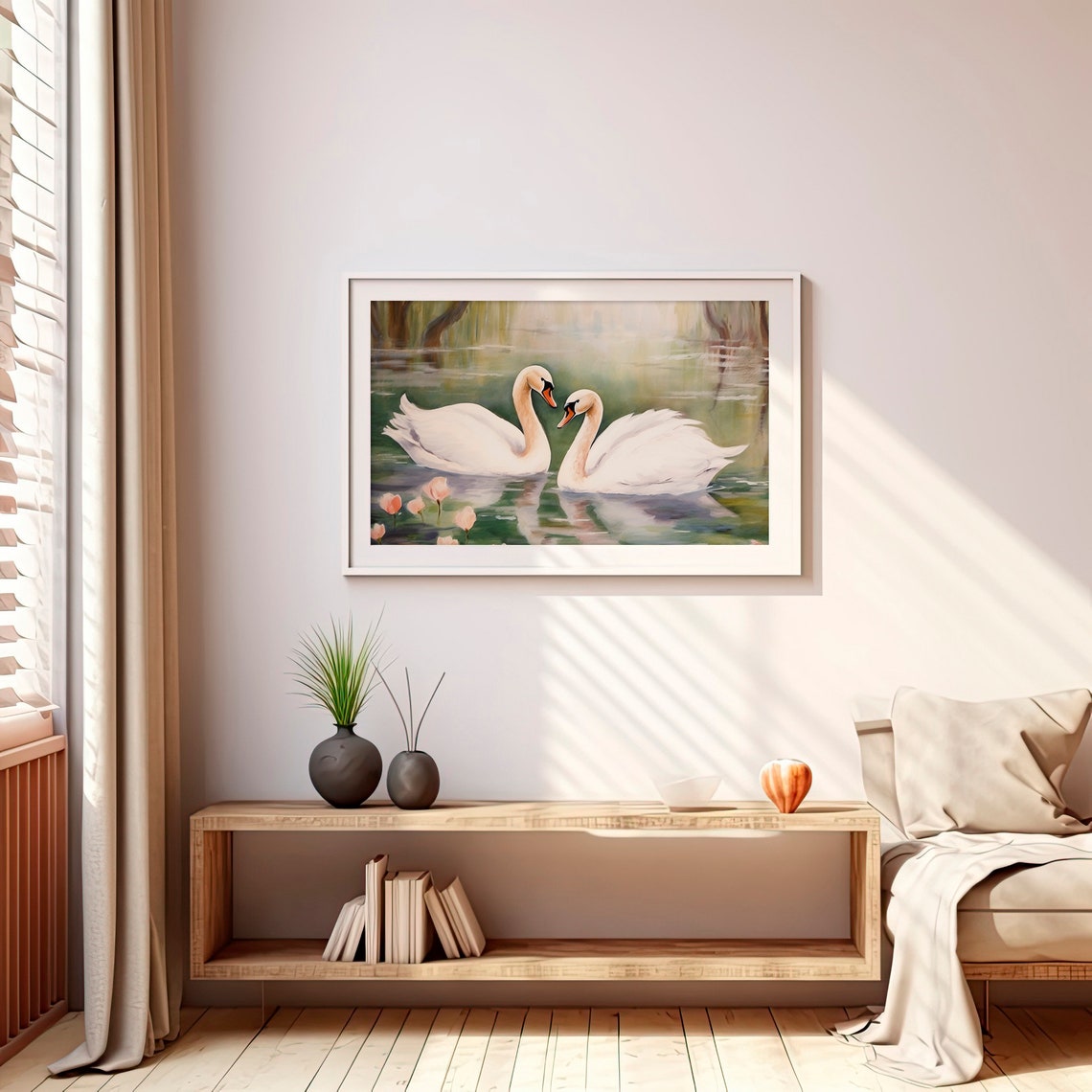 Two Swans Watercolor Romantic Couple White Birds Lake Scene Poster - Image 4