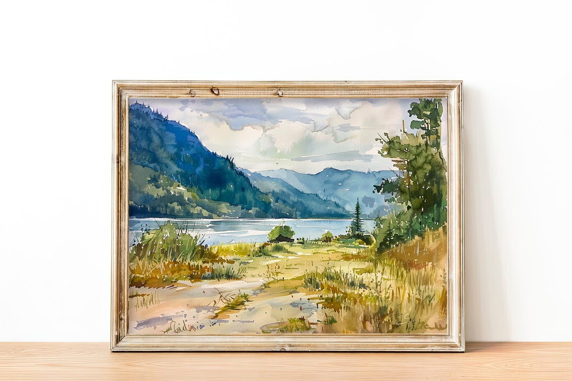 Columbia Gorge River Valley Mountain Landscape Watercolor Poster