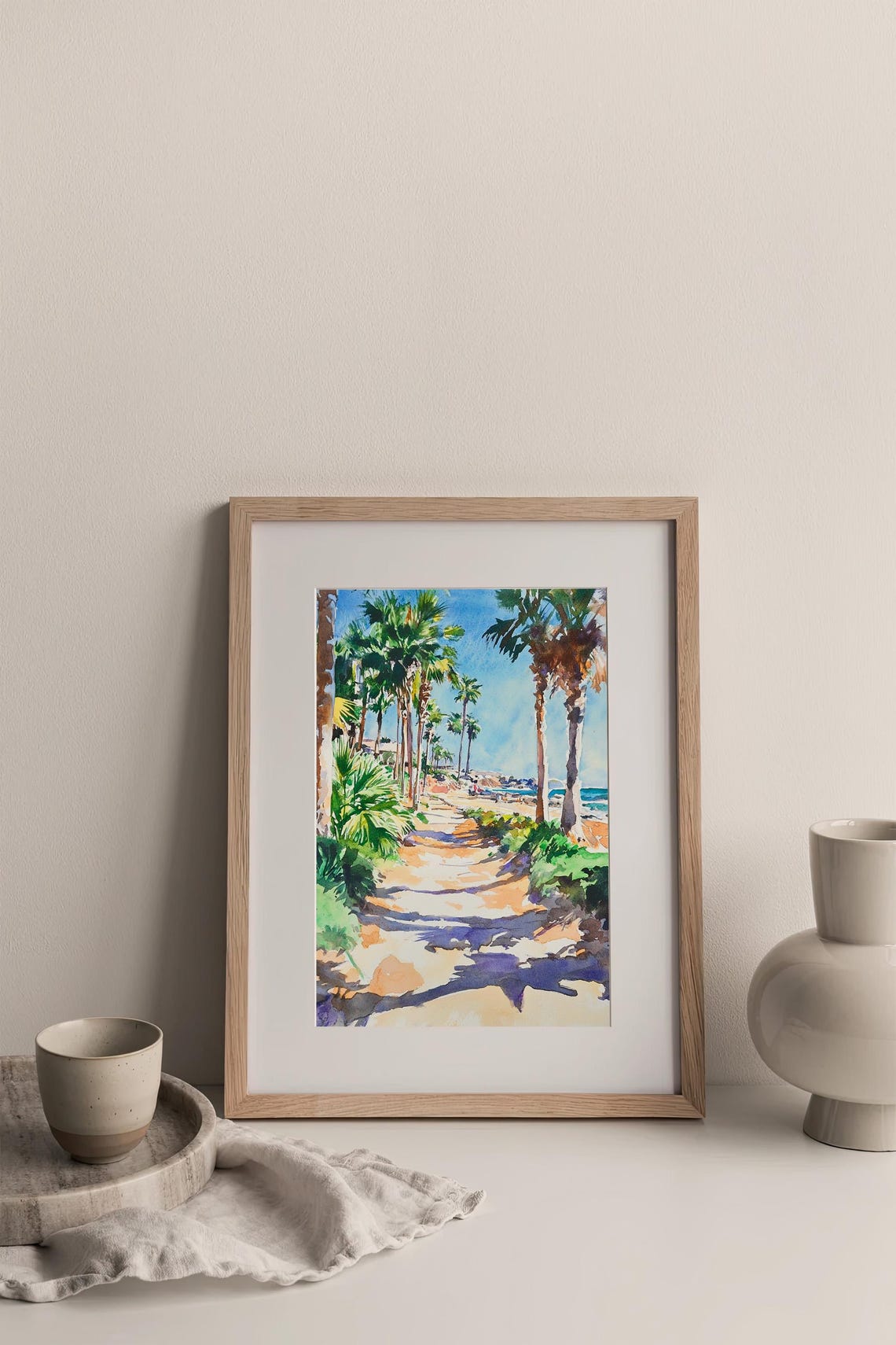 San Diego La Jolla Beach Palm Trees Coastal Watercolor Wall Art - Image 3