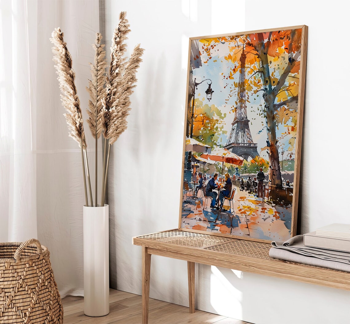 Paris Cafe Eiffel Tower Autumn Street Scene Watercolor Wall Art - Image 2