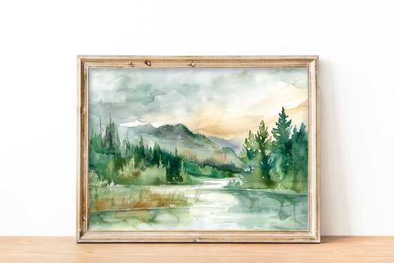Tahoe Lake Watercolor Art California Forest Painting Neutral Outdoor Art Print Pine Trees Wall Art By Feelingprints