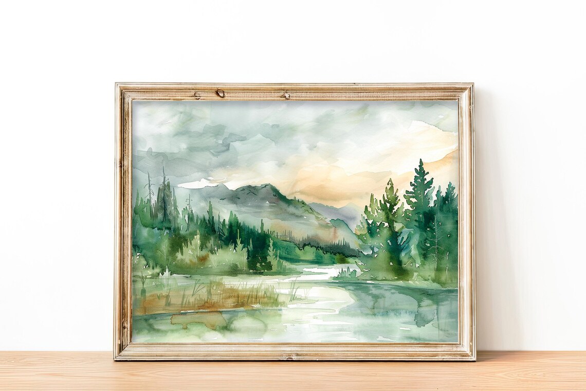 Lake Tahoe Forest Shoreline Mountain Watercolor California Poster