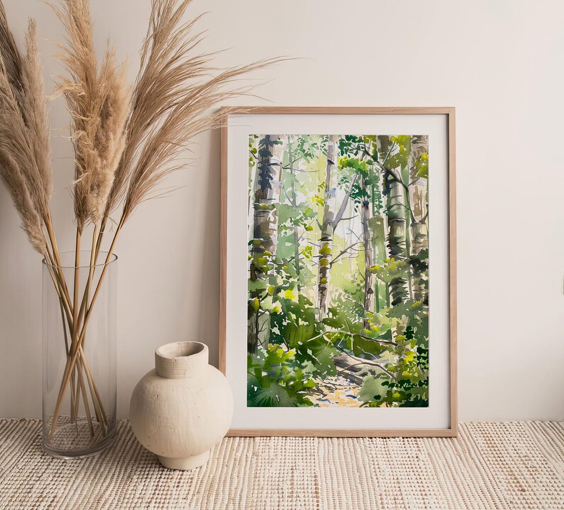 Aspen Birch Forest Sun Dappled Woodland Watercolor Scene Poster - Image 4