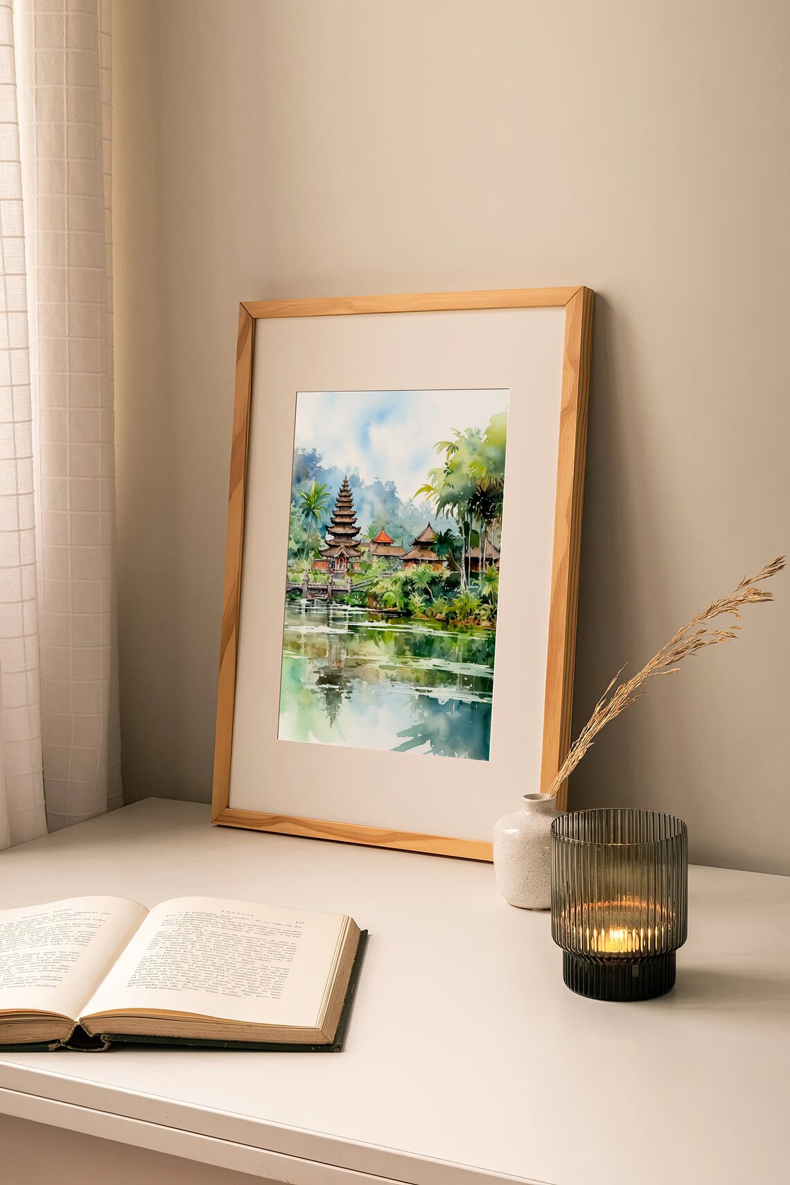 Bali Temple By The Water Tropical Palms Reflection Watercolor Poster - Image 5