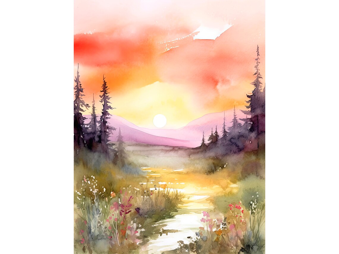 Boulder Mountains Watercolor Art Print, Idaho Sunset