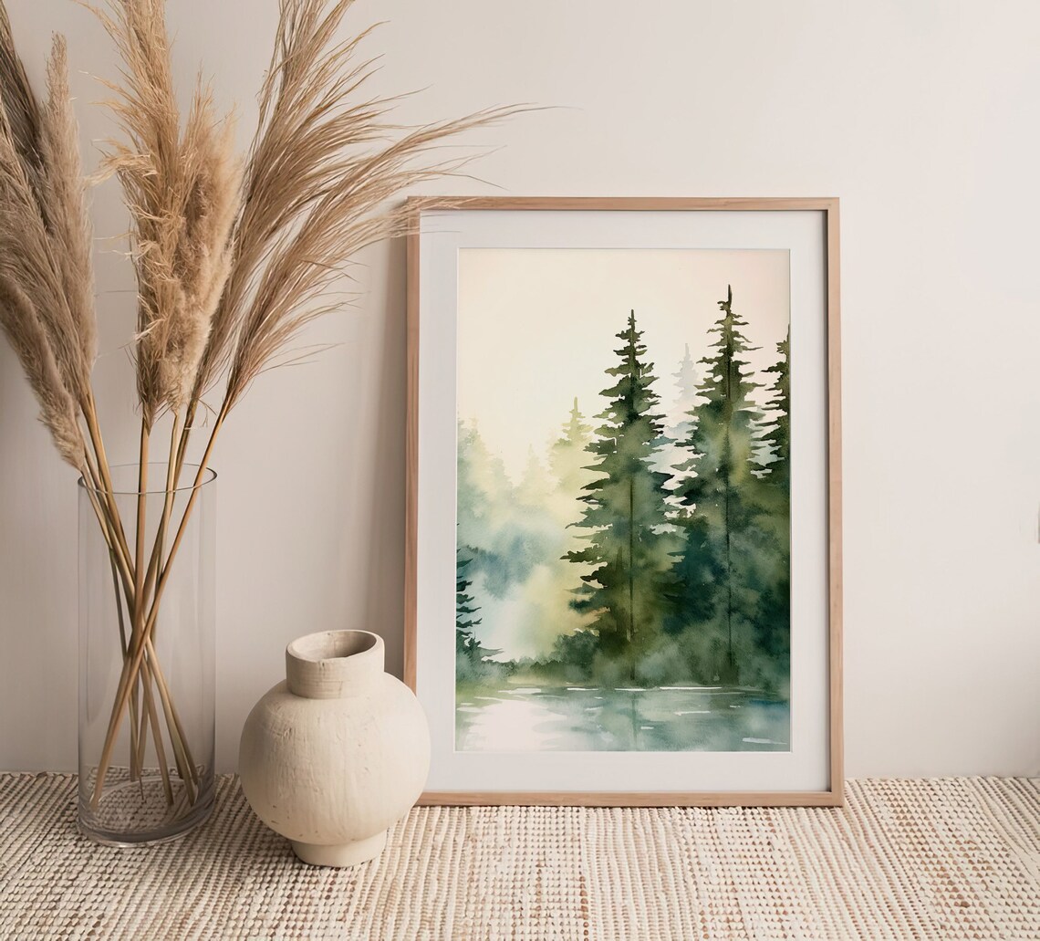 Tahoe Lake Watercolor Art Print, Pine Forest Landscape - Image 5