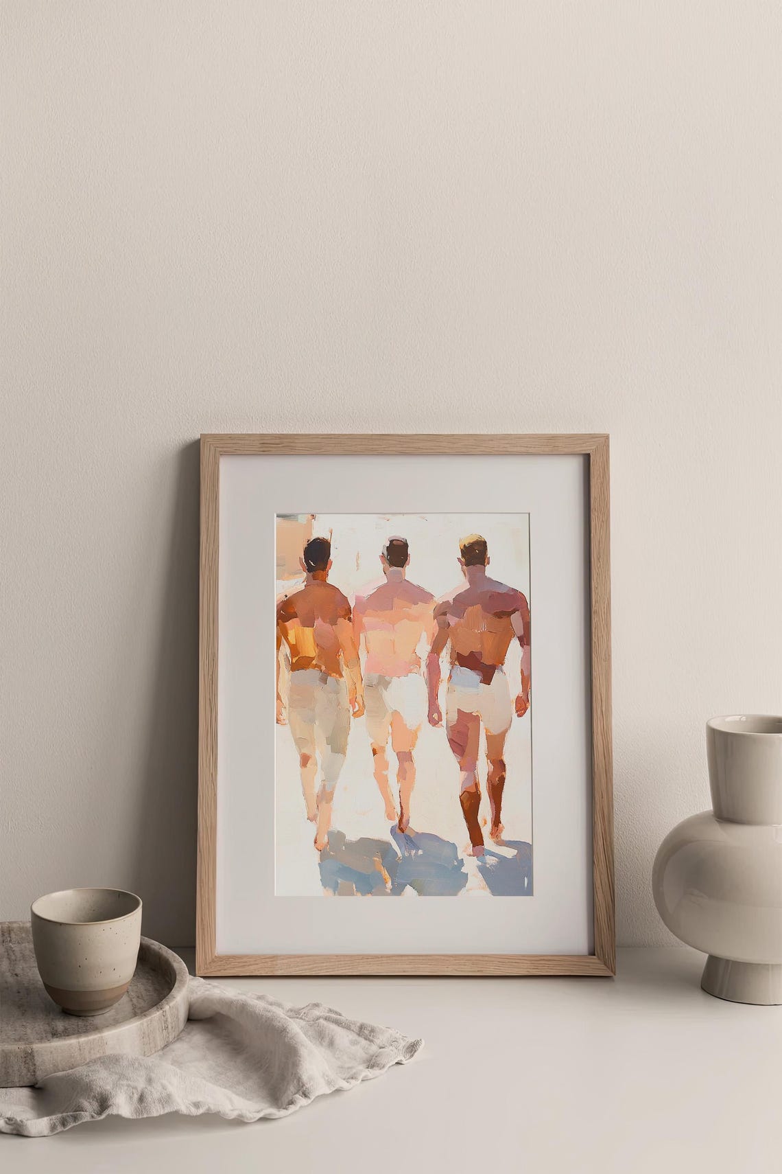 Three Men Beach Walking Watercolor Male Friendship Summer Art Print - Image 3