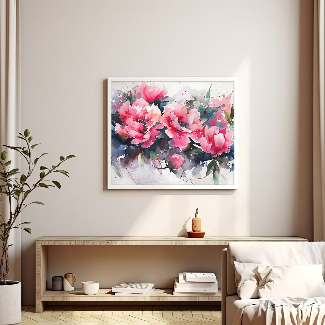 Pink Peonies Watercolor Blush Floral Blooming Bouquet Art Print - Image 3